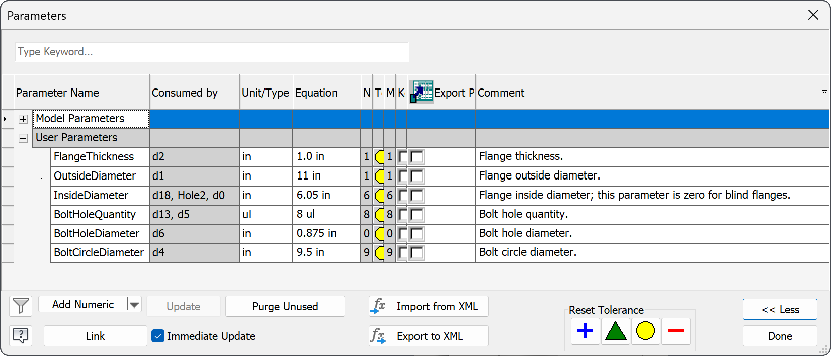A screenshot of a part's Parameters Window that contains descriptive
    parameter names with comments.